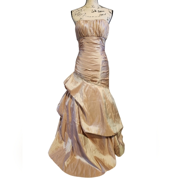 Tiffany Designs Champagne Asymmetrical Ruched Gown - Picture 2 of 13